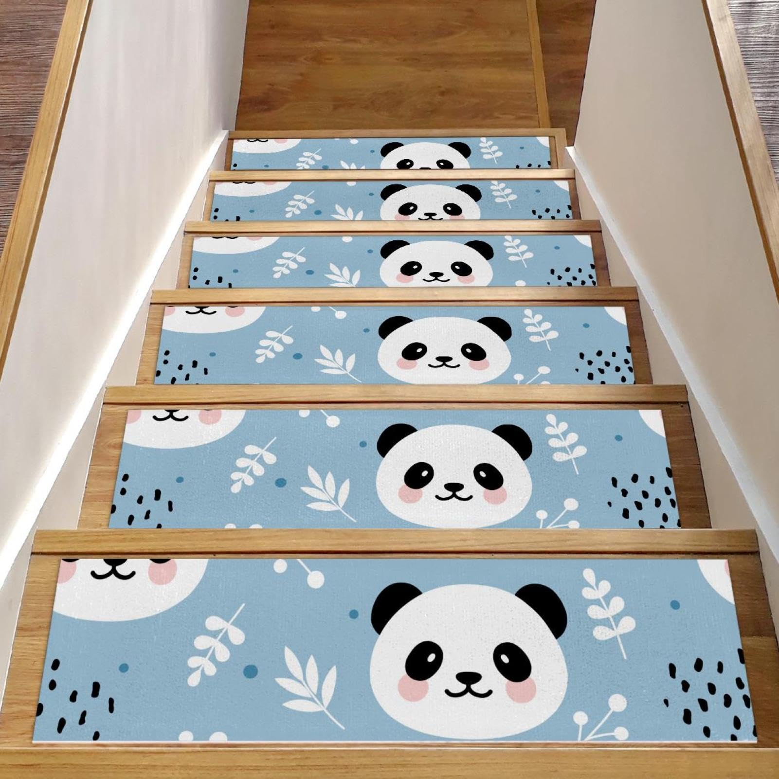 Peldaños de escalera de madera camino antideslizante lavable con estampado de panda 8x30