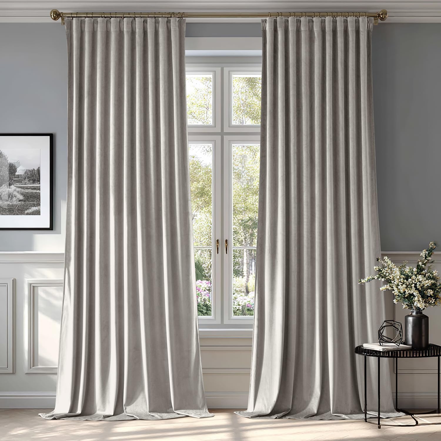 MIULEE Silver Gray Velvet Pinch Pleat Blackout Curtains W52 X L84 Inches