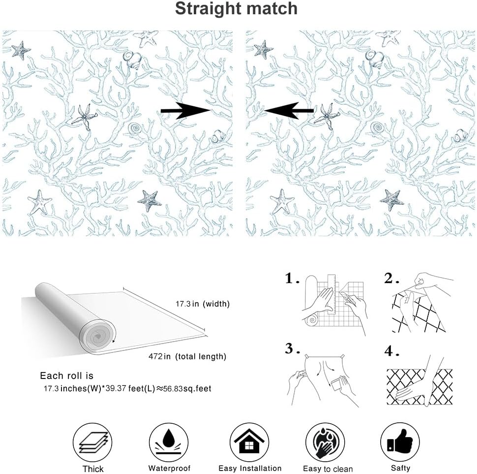 Coastal Peel and Stick Wallpaper 472in Ocean Contact Paper Textured Blue White Wallpaper Removable Nautical Coral Starfish Beach Self Adhesive Vinyl Roll Sea Shell Stick on Wallcovering