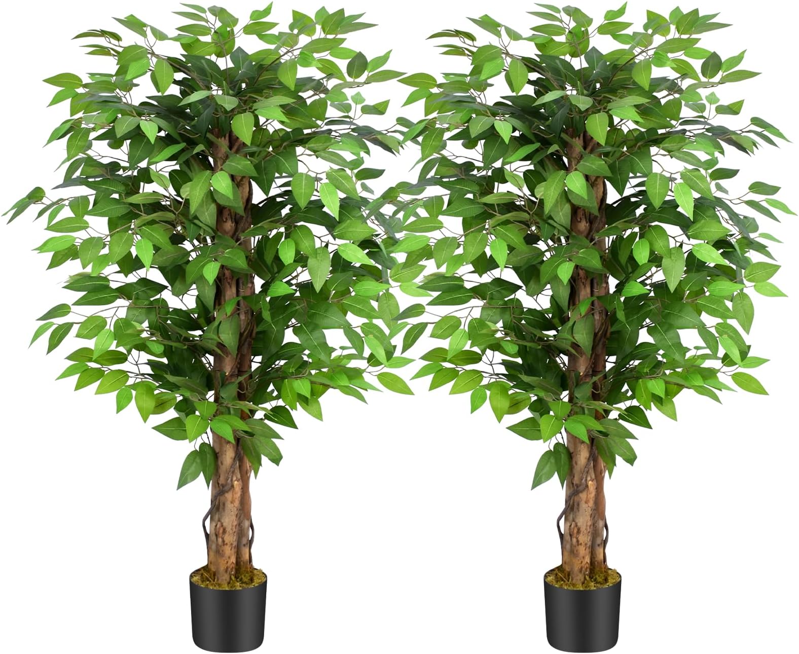4ft Ficus Artificial Trees with Natural Curved Trunks, 48" Tall Lush Faux Tree for Home Decor Indoor, Green Lifelike Fake Ficus Tree Artificial Plants (Set of 2)