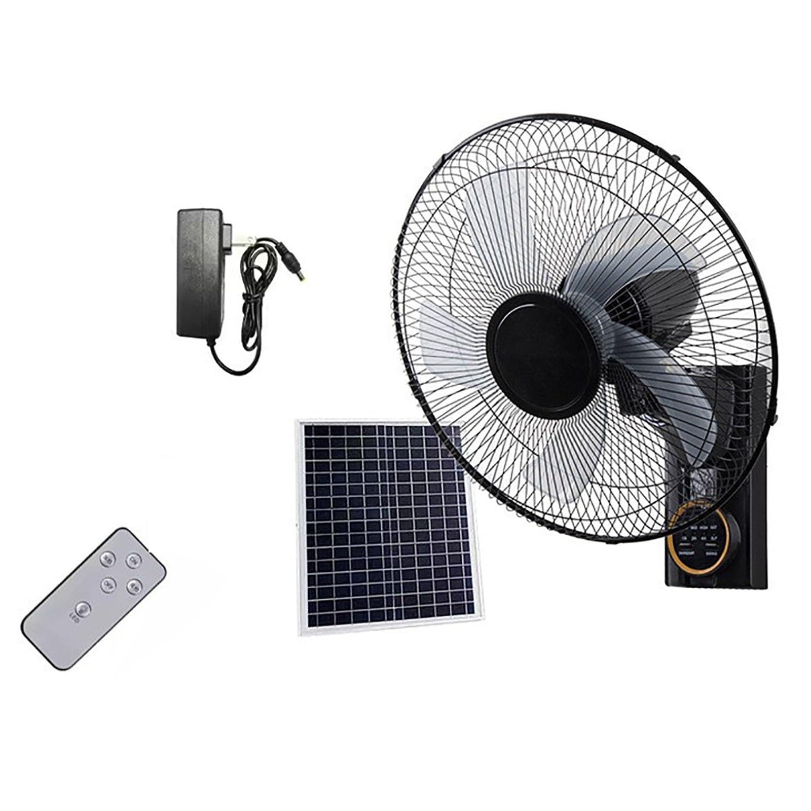 Ventilador Oscilante De Pared De 16 Pulgadas,Velocidad Del Aire Ajustable | Control remoto por botones,Funciona con un panel solar de 20 W,Batería de alta capacidad,Autonomía prolongada