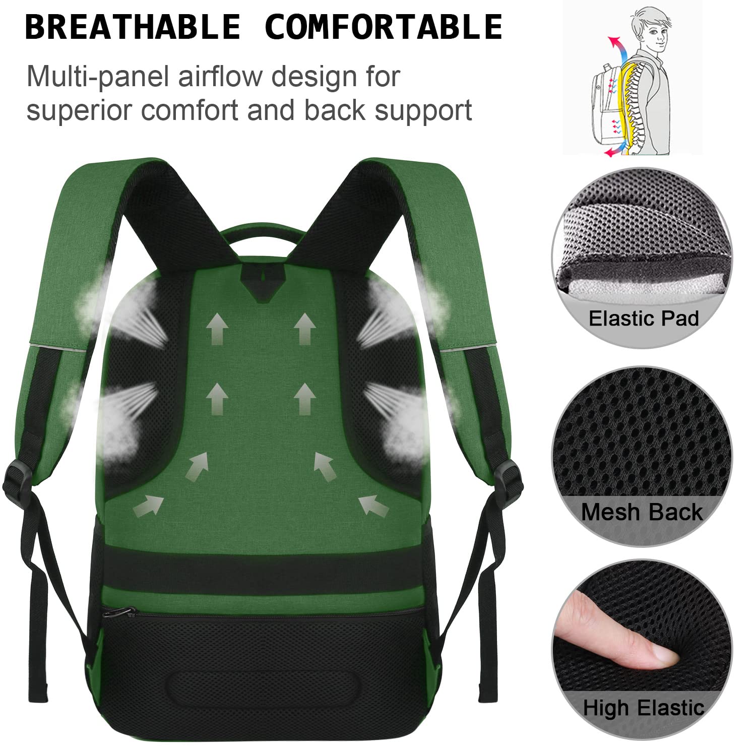 Volher Laptop Backpack,Business Travel Anti Theft Slim Durable Laptops Backpack with USB Charging Port,Water Resistant College Computer Bag for Women & Men Fits 15.6 Inch Laptop and Notebook-Green