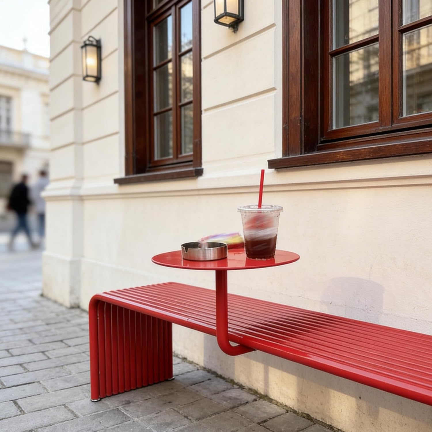 Modern Heavy-Duty Du Metal Outdoor Bench with Side Table - Weatherproof Patio Seating for Parks, Restaurants, and Malls - 1100 lb Load Capacity (Gray)