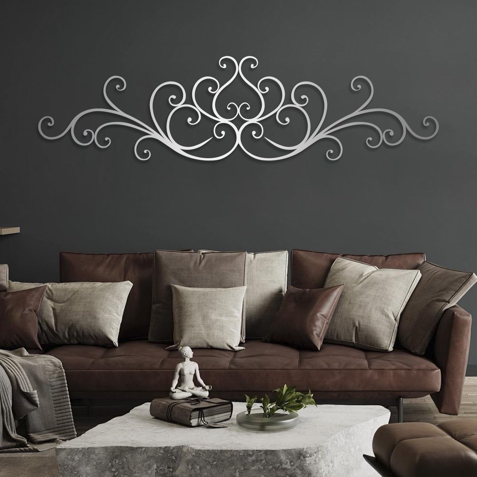 Decorazione murale in Metallo Scultura da Appendere Volute rustiche in Ferro per Soggiorno Camera da Letto Ufficio Argento 105 x 27 cm (41" x 11")
