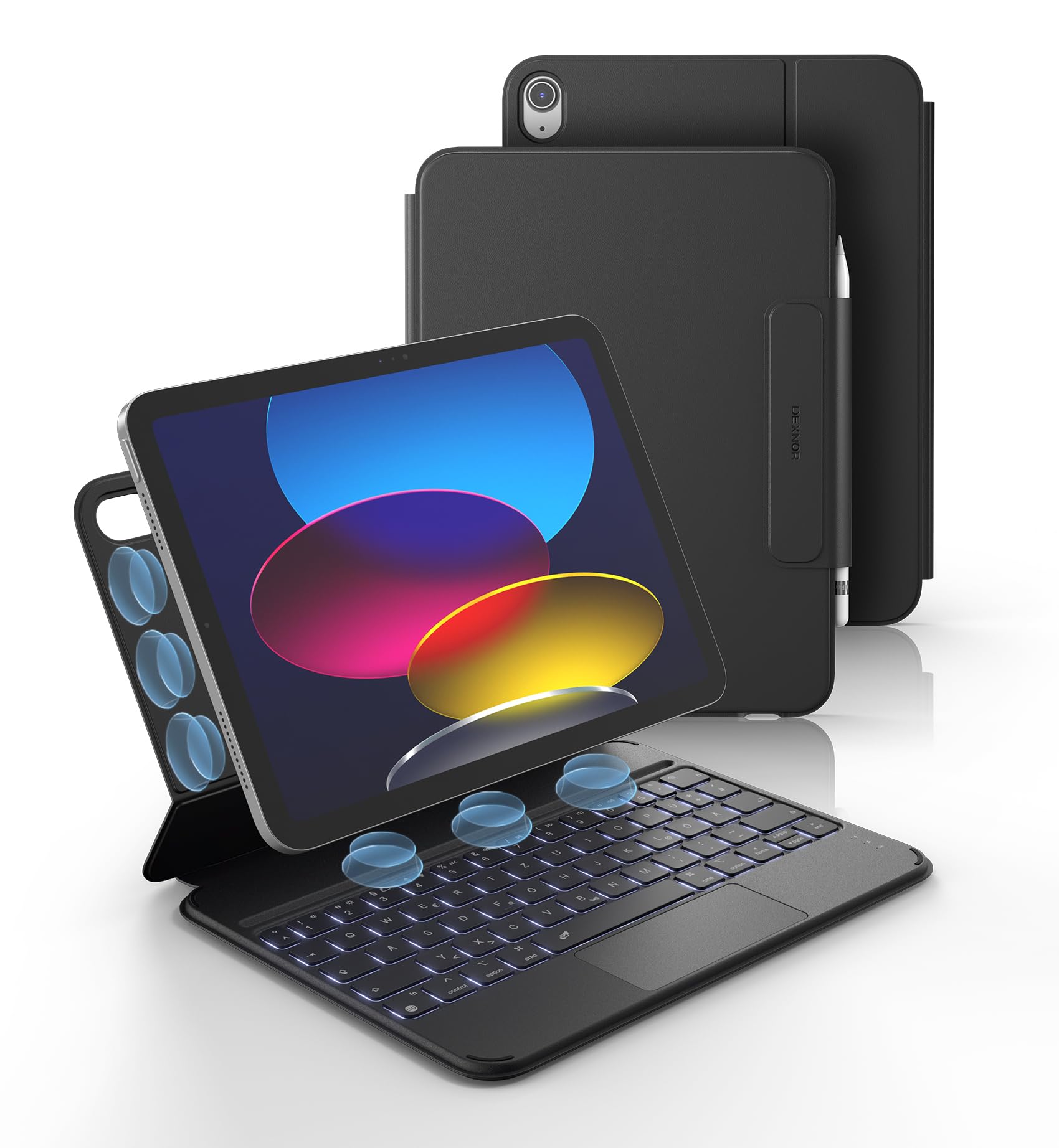 Dexnor Hülle mit Tastatur für iPad A16 11 Generation/10 Generation(11/10.9 Zoll, 2025/2022), Magnetische Ultradünn Abnehmbares Folio, mit Multi-Touch Trackpad Beleuchtung Stifthalter, QWERTZ, Schwarz