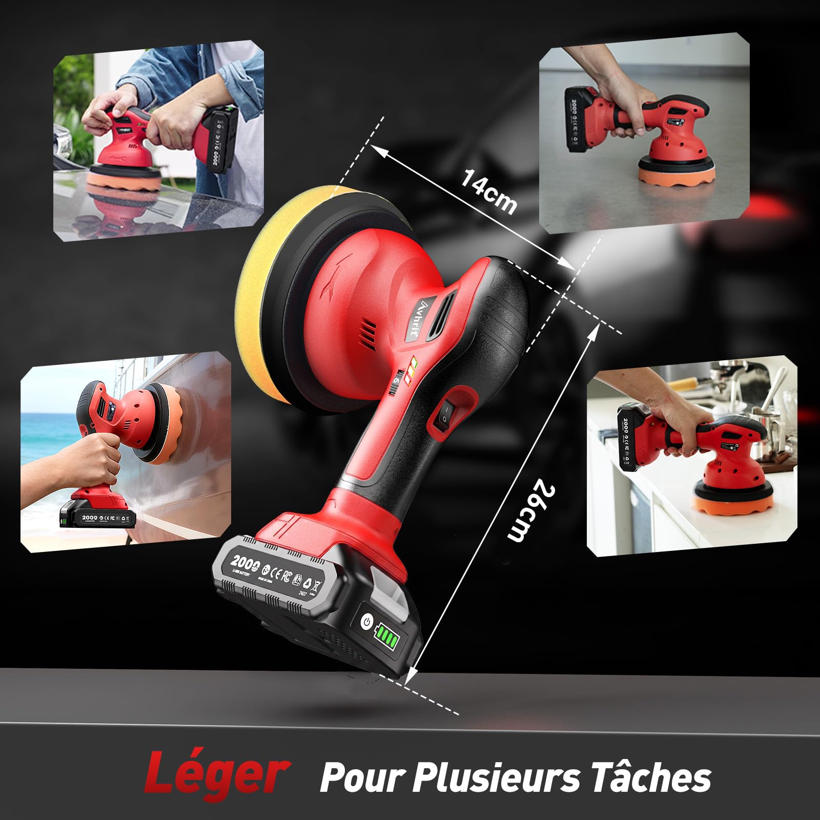 Polisseuse Voiture Sans Fil, Sac de Rangement, Detailing Automobile | Kit Polissage Voiture 13 Pièces, 2 batteries 2000 mAh, Orbitale 8 mm, Lustreuse Orbitale pour Cirage et Rénovation Automobile