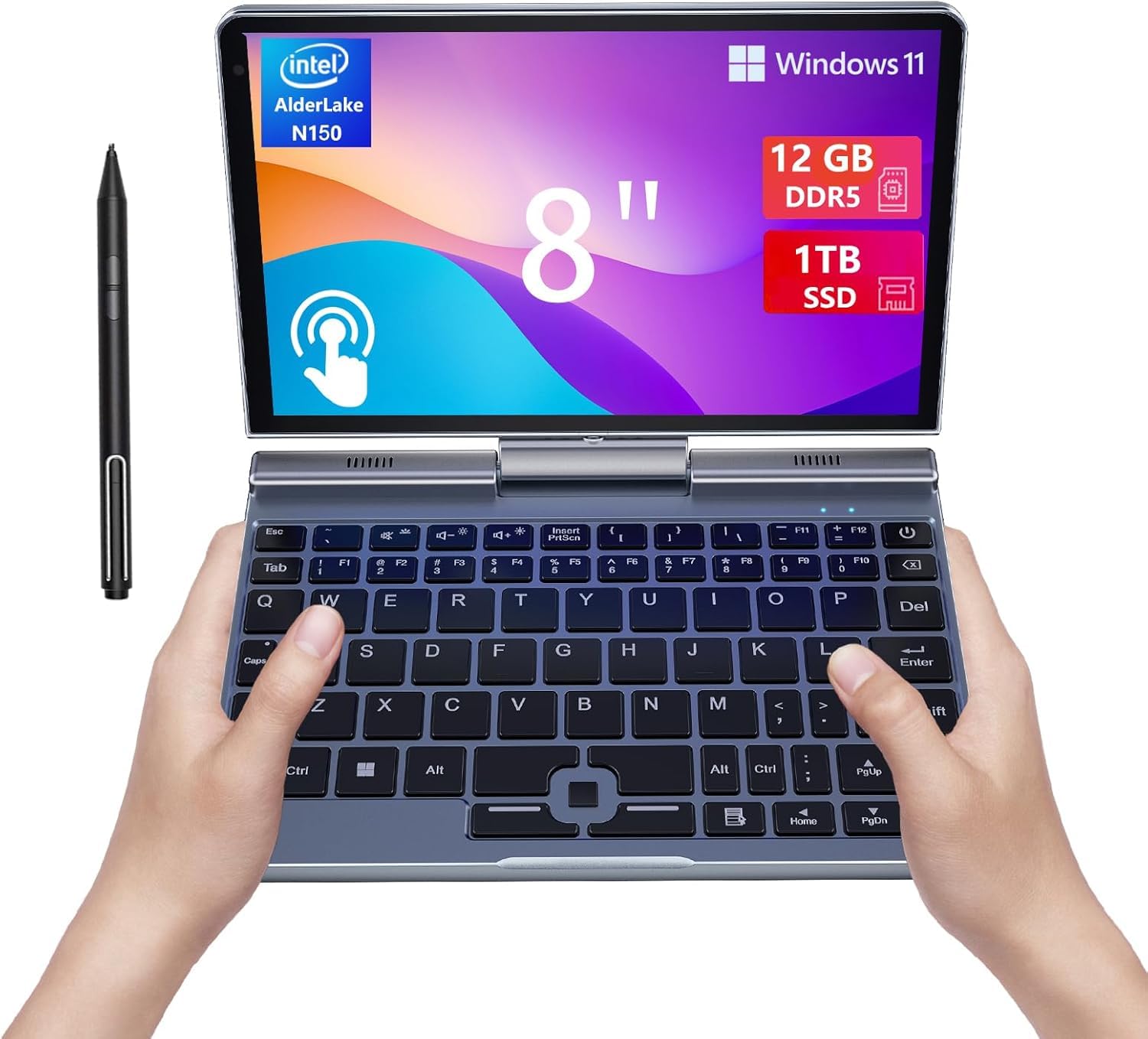 Mini Laptop 8 inch HD Touchscreen Portable 2 in 1 Computer, Windows 11 Pro Small Computer, N150 12 GB LPDDR5 1 TB M.2 SSD,WiFi 6,BT5.2 2 MP Camera,G-Sensor,HDMI,Type C Docking Station