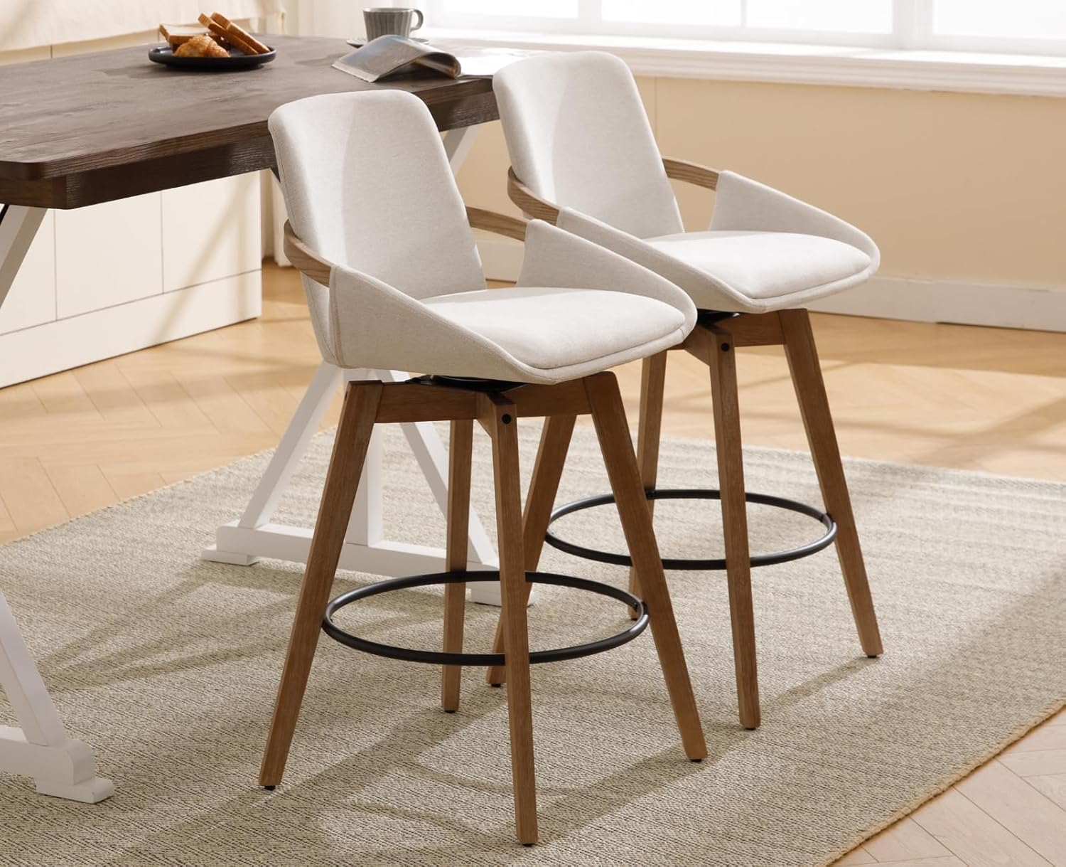 CIMOTA Swivel Counter Height Bar Stools Set of 2, Modern Natural Wooden Barstools with Curved Backs/Arms, 26 Inch Bar Stool Chairs Upholstered Linen Counter Stools for Kitchen Island, White