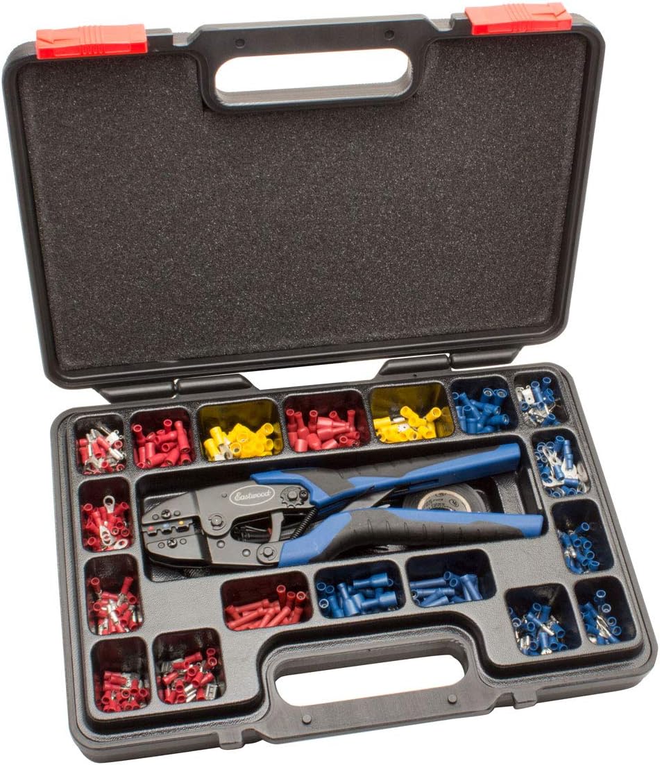 Eastwood Crimp-Right Solderless Connector Crimping Kit Ferrule Crimper Plier Wire Stripper & Connectors Terminal Crimp Tool Kit Wiring Projects Electrical Repairs