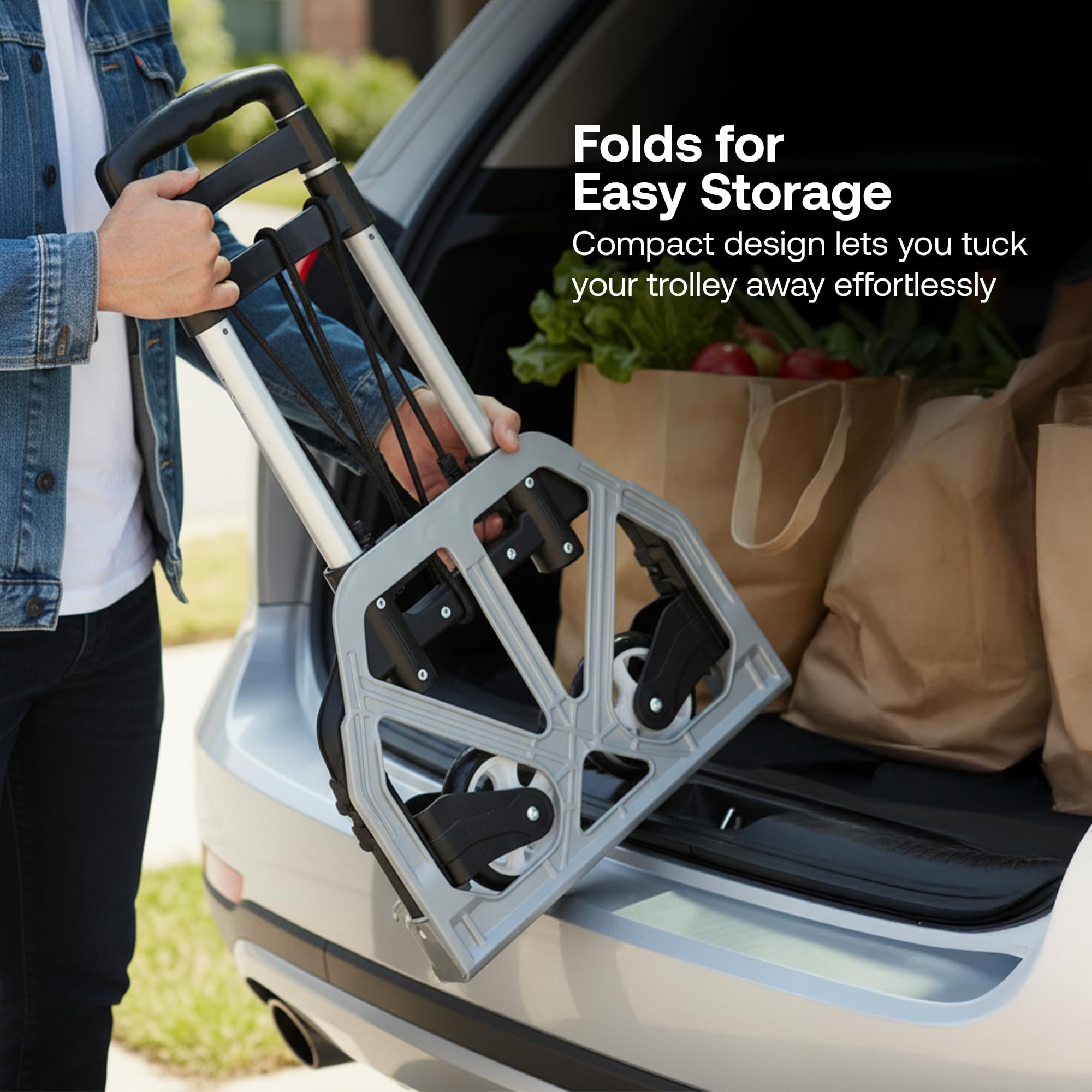 BonKaso Folding Hand Truck 70Kg Capacity | Heavy-Duty Luggage Trolley with Telescopic Handle | Lightweight Collapsible Cart for Travel, Home & Office Use (40x41x100cm) Silver 3