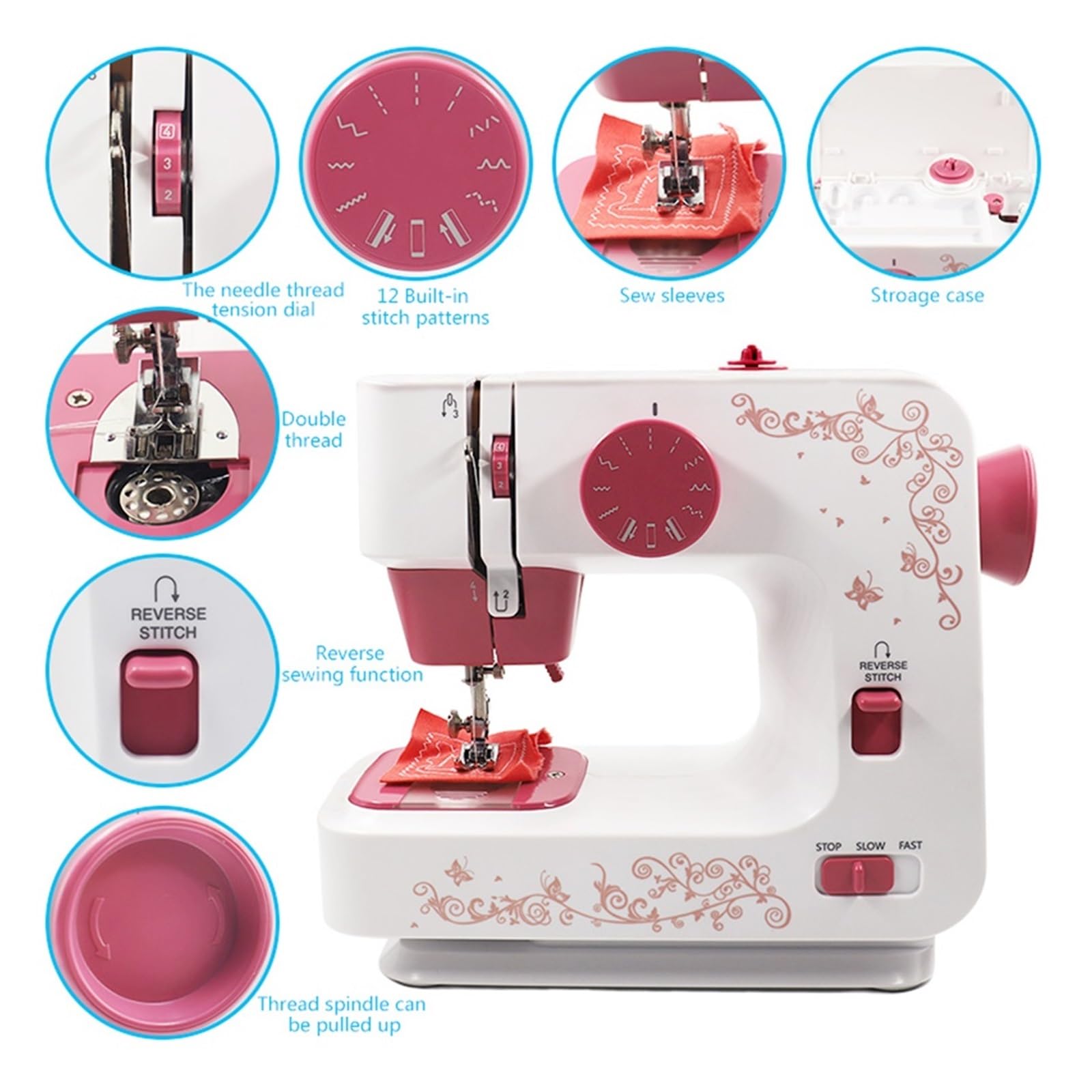 Máquina De Coser Eléctrica Escritorio For El Hogar, Overlock For Ropa DIY, 2 Velocidades, 12 Puntadas, Batería Portátil/adaptador DC Potente Silenciosa Y Estable