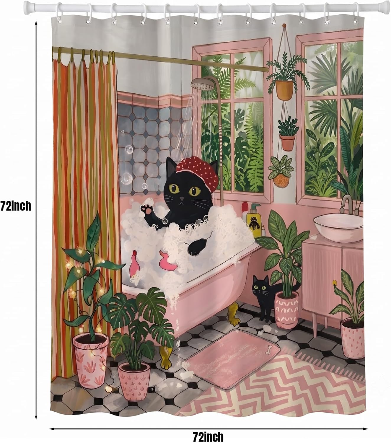 Funny Black Cat Shower Curtain, 72 x 72 Inch Waterproof Fabric Bath Curtain, Boho Matisse Tropical Plant Bathroom Decor, Cute Cat Bathroom Curtain image 2