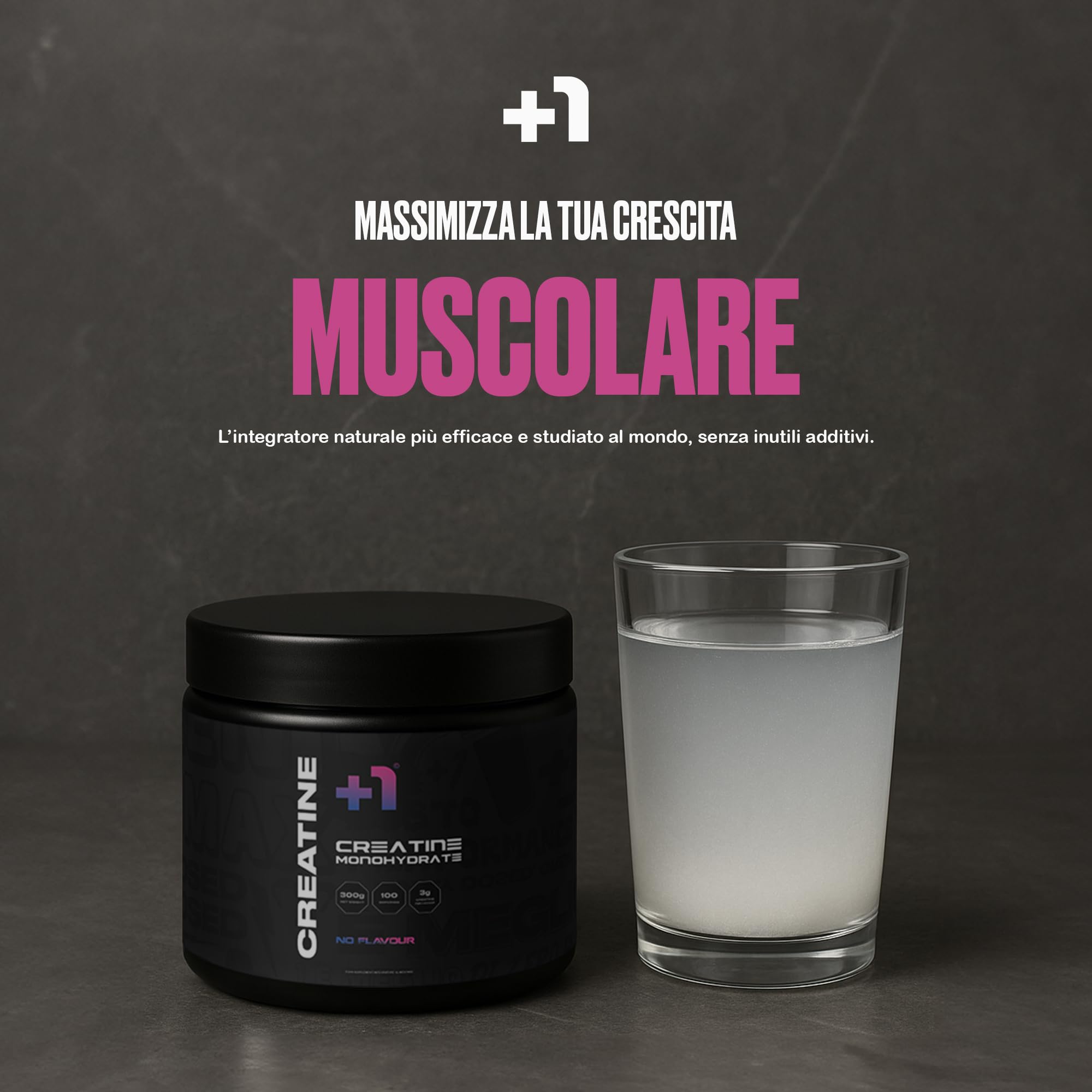 +1® Creatina Monoidrato in Polvere Premium - Crescita Muscolare, Forza e Resistenza - Riduce Fatica - Recupero Muscolare - 200 Mesh Pura al 99,5% - 300 g, 100 Porzioni - Neutro