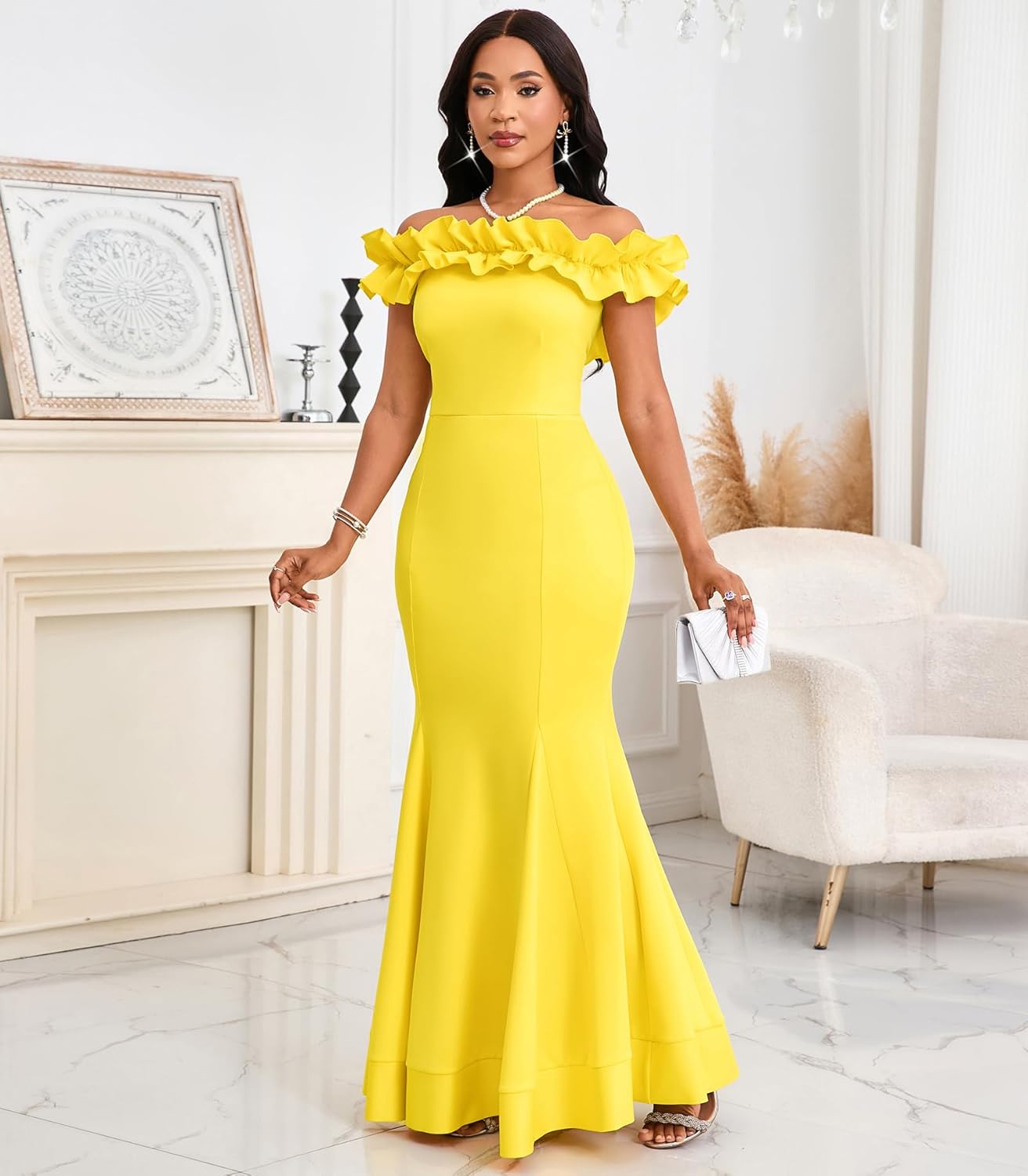 Cololura Sexy Floor-Length Off Shoulder Ruffles Stringy Selvedge Mermaid Bodycon Party Evening Maxi Dress - Image 4