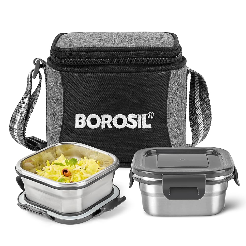Borosil Feast Stainless Steel Lunch Box with Bag | Set of 2 (400 ml Each), Square | Tiffin Box for Office, School & College, Vertical (B0CW1D5D7H) Amazon Price History, Amazon Price Tracker