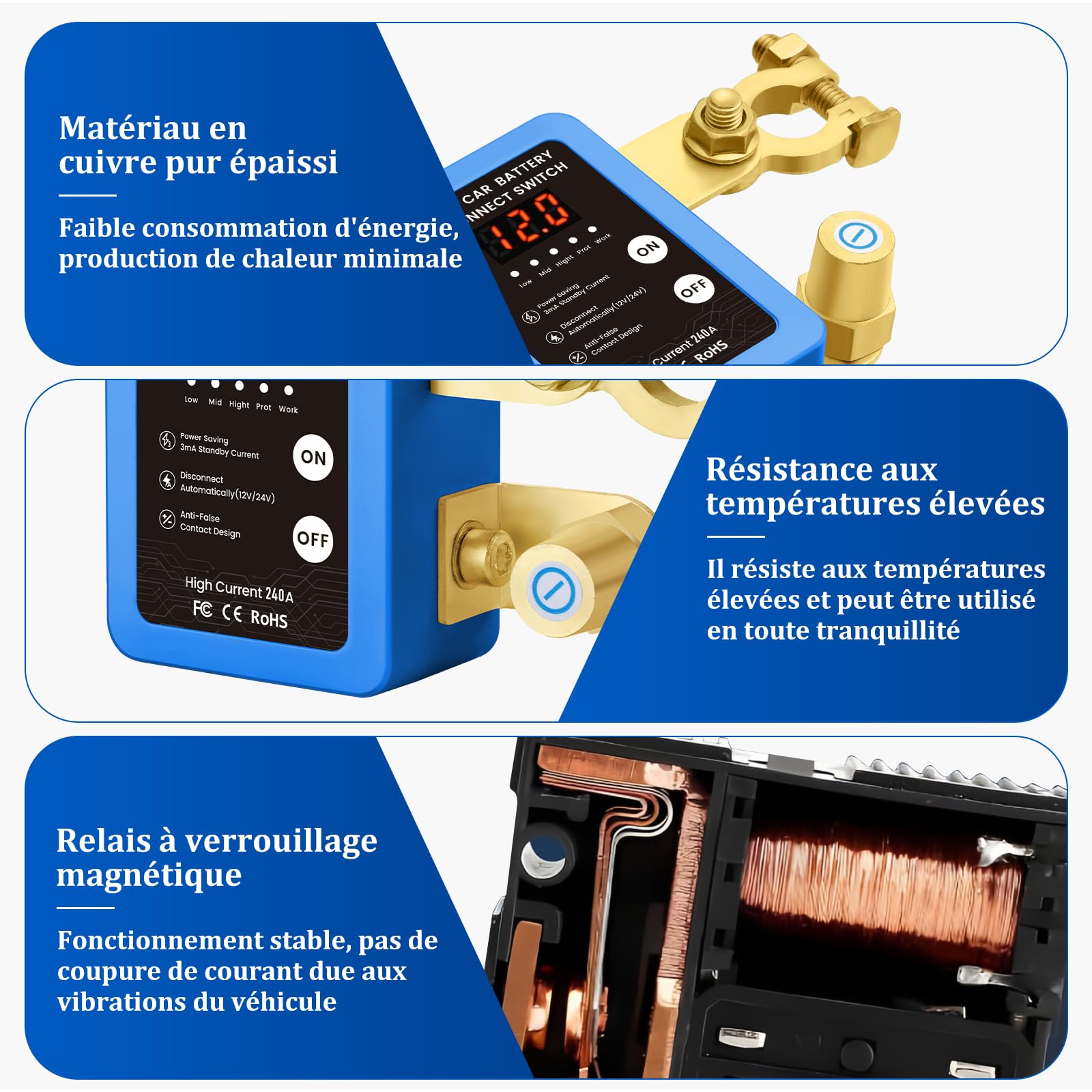 Coupe Circuit Batterie 12V, Coupe Circuit, Disjoncteur de Batterie Télécommandé Sans Fil, Interrupteur D'arrêt Automatique avec Affichage LED pour Voiture, Camping-Car, ATV, Bateau (Blue)