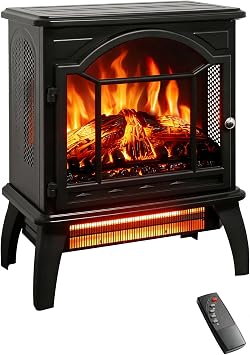 18" Electric Fireplace Stove, Freestanding Fireplaces Heater with Realistic Flame, Remote, Timer, Adjustable Brightness, Thermostat, 1500W, Black