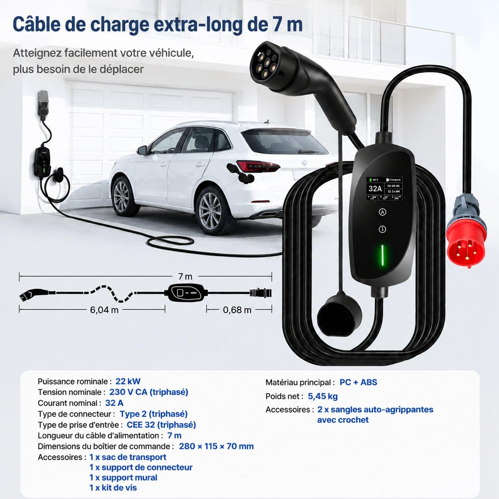 Borne Mobile pour véhicule électrique 22 KW 32 A Type 2 triphasée avec câble 7 m, Prise CEE 32 A et écran LCD