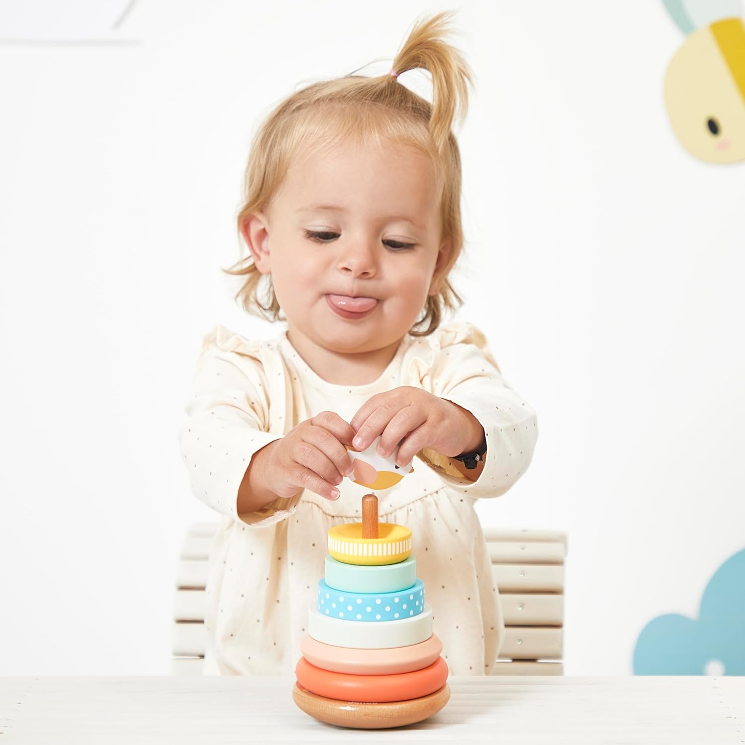 Janod - Stackable Culbuto Wooden Bird Toy - 7 Pieces to Stack - Stacking Tower - Moving Base - Baby Toy from 1 Year - J05145