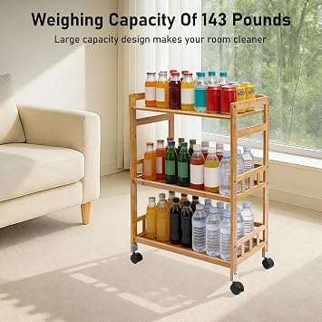 3-Tier Bamboo Kitchen Storage Carts with Wheels, Lockable Utility Cart with Storage Shelf Rack, Easy Assemble Rolling Unit Organizer for Beauty Salons, Spas and Hospitals