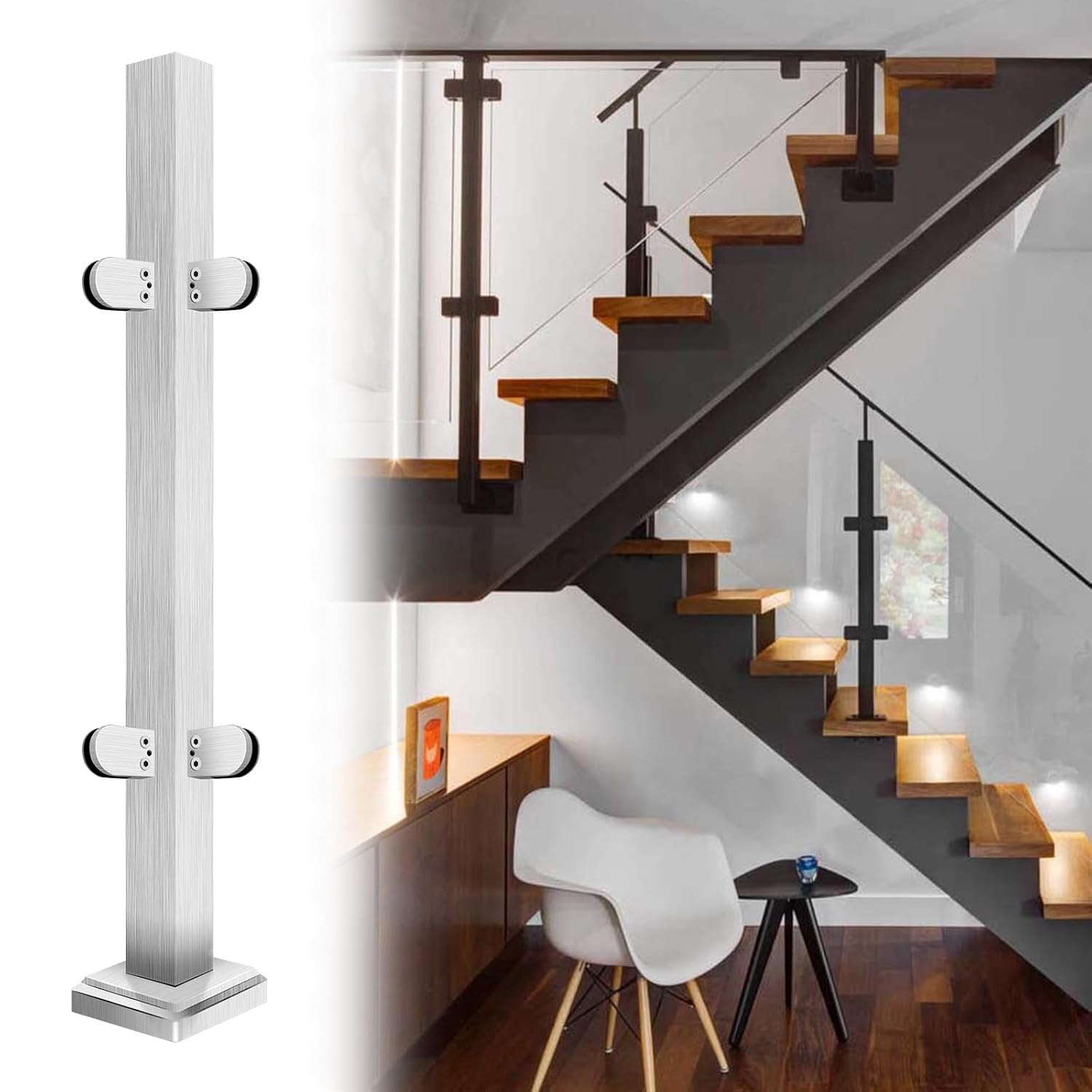 Glass Railing End Post 33.46",304 Stainless Steel Glass Balustrade Post System with Clamp for Indoors & Outdoors Railing of Deck,Balcony,Attic,Staircase (Silver)