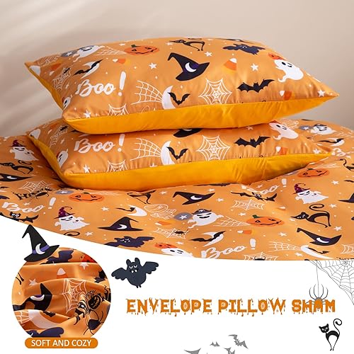 Miniatura 6 de Luxudecor Funda de edredón de Halloween individual, funda de ropa de cama de fantasma de calabaza de Halloween con murciélago, juego de 2 piezas de