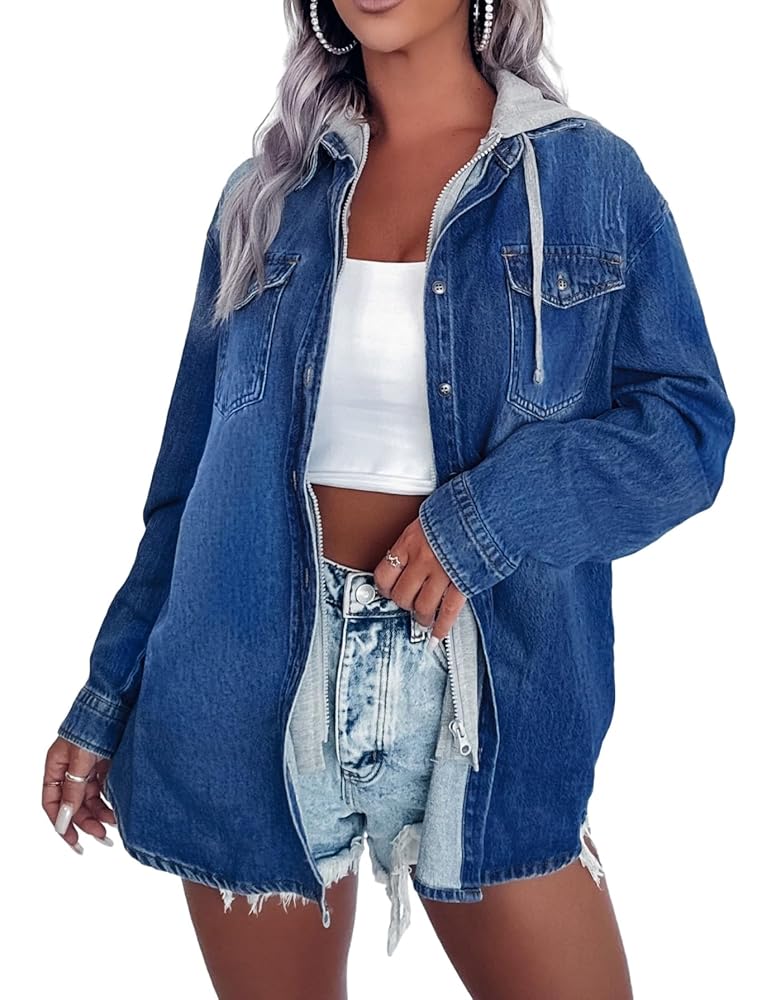 CYLADY Oversized Jean Jacket With Hoodie Long Boyfriend