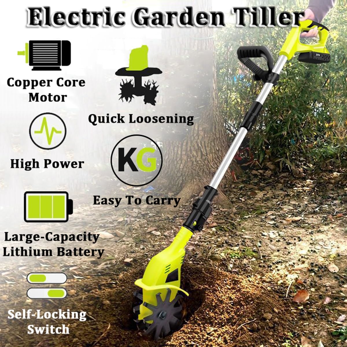 Motoazada eléctrica para jardín, cultivadora inalámbrica, rotovator y motocultor con batería de Litio de 2 × 4000 mAh para césped/jardinería/Cultivo de Suelo(A)