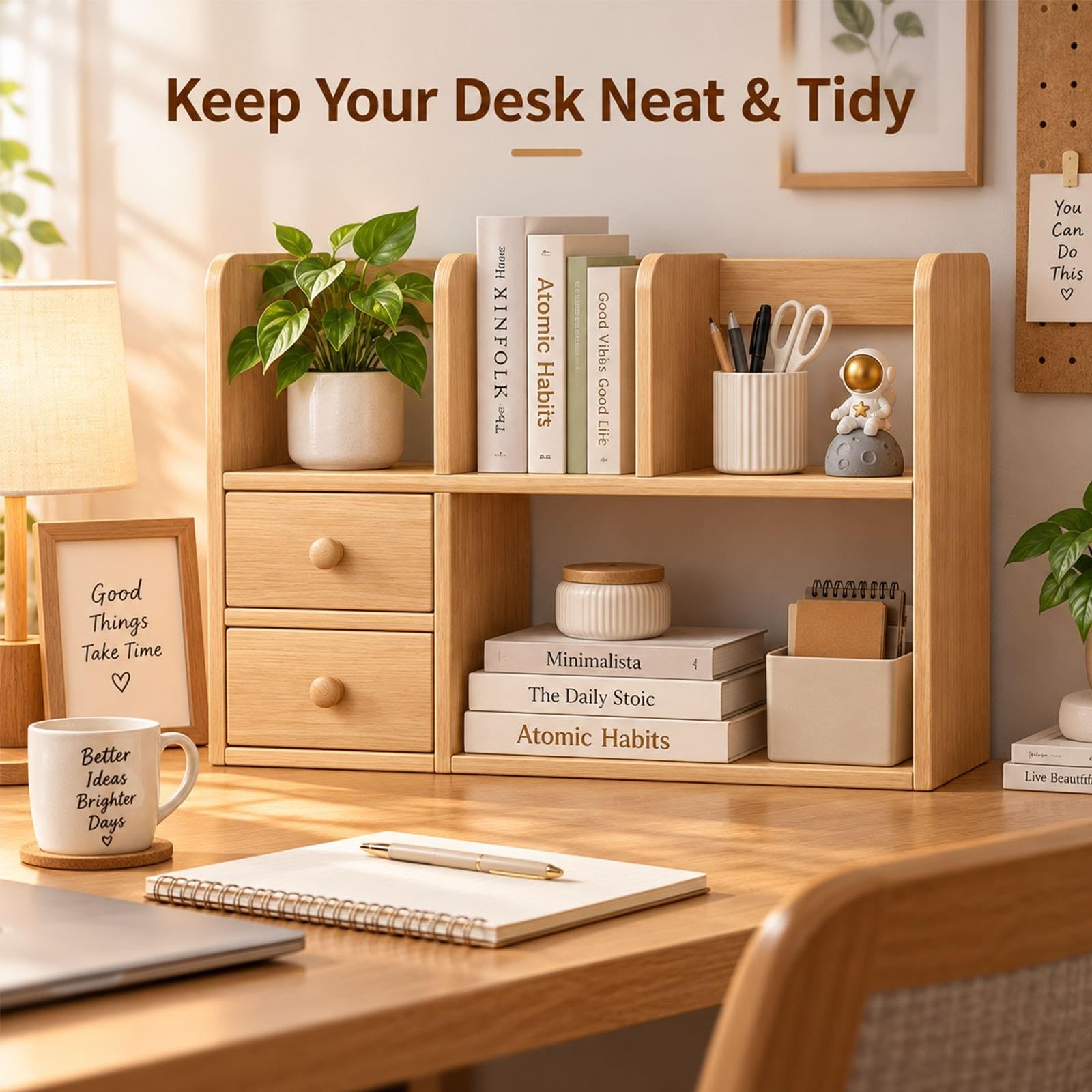 2 Tier Desktop Bookshelf, Wood Desk Hutch Storage Rack for Home Office