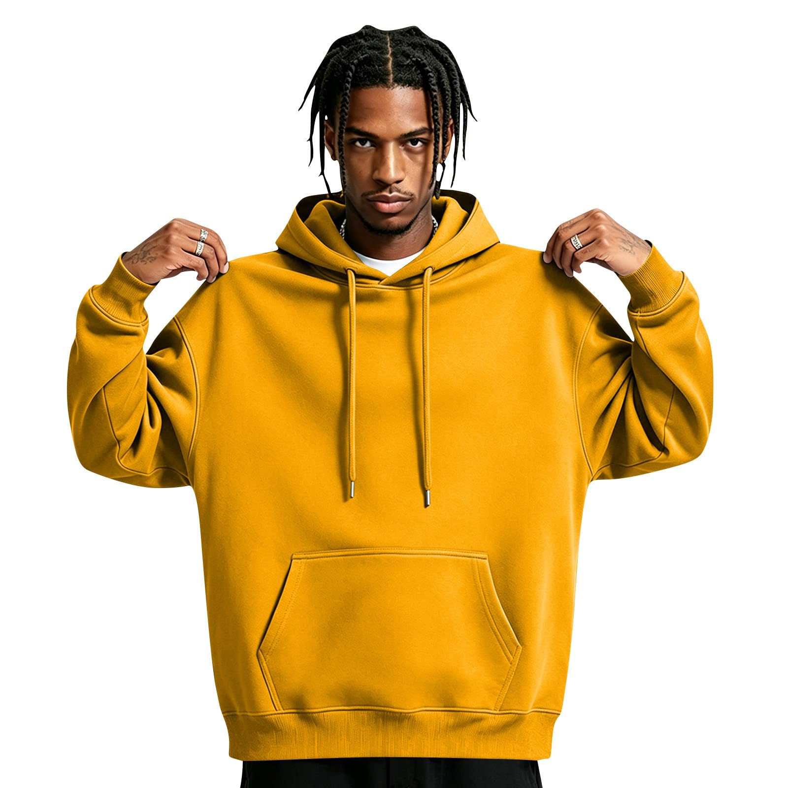Mens Hoodies Pullover Loose Fit Long Sleeve Jumper Casual Streetwear Yellow