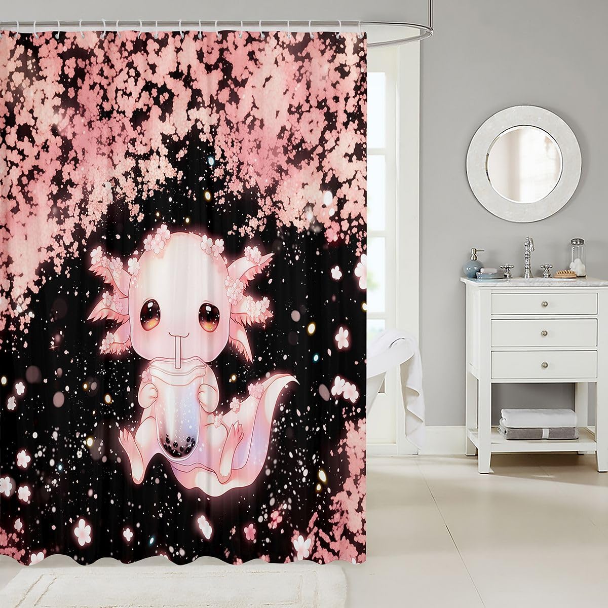 jejeloiu Cute Axolotl Shower Curtain Glitter Cherry Blossom Bath Curtain Milk Tea Salamander Bathroom Waterproof Accessories with 12 Hooks Black Pink Waterproof Polyester,72x72 Inches image 2