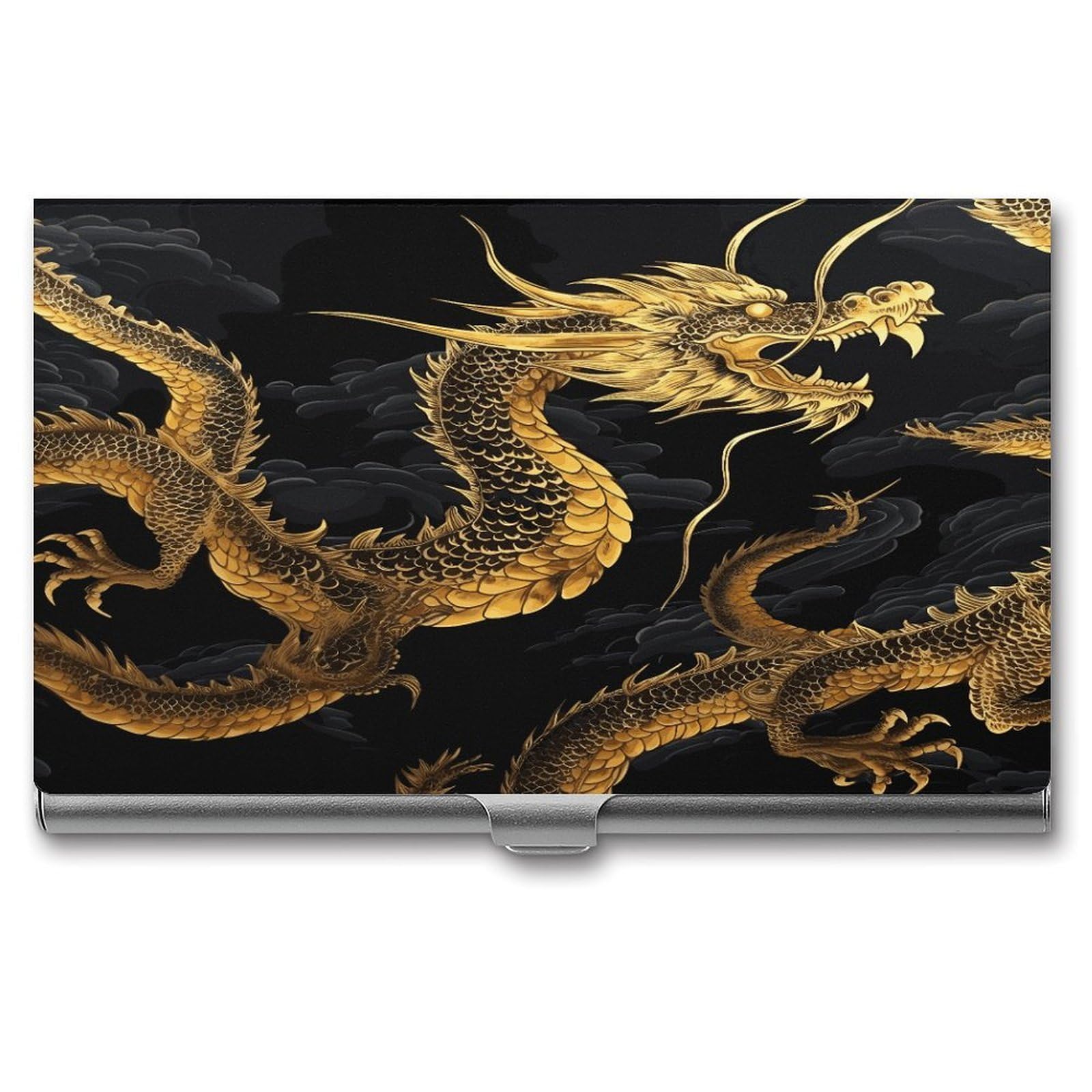 LDGSUPH Yellow Dragon Black Background Business Card Holder Fashion Slim Name Card Holder Minimalist Design Case Metal Card Carrier Personalized Business Card Case with Flip for Men Women