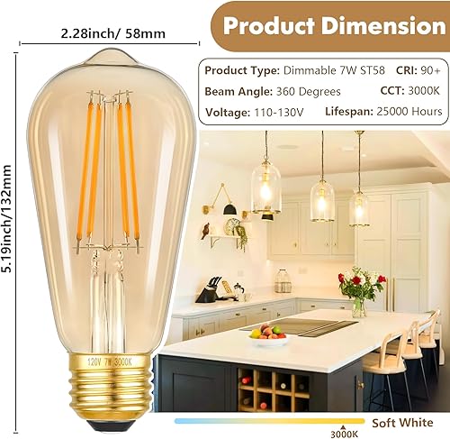 Miniatura 2 de Bombillas LED regulables de 7 W, bombillas Edison equivalentes a 60 vatios, bombillas LED vintage de vidrio ámbar ST58, blanco cálido 2700 K, base