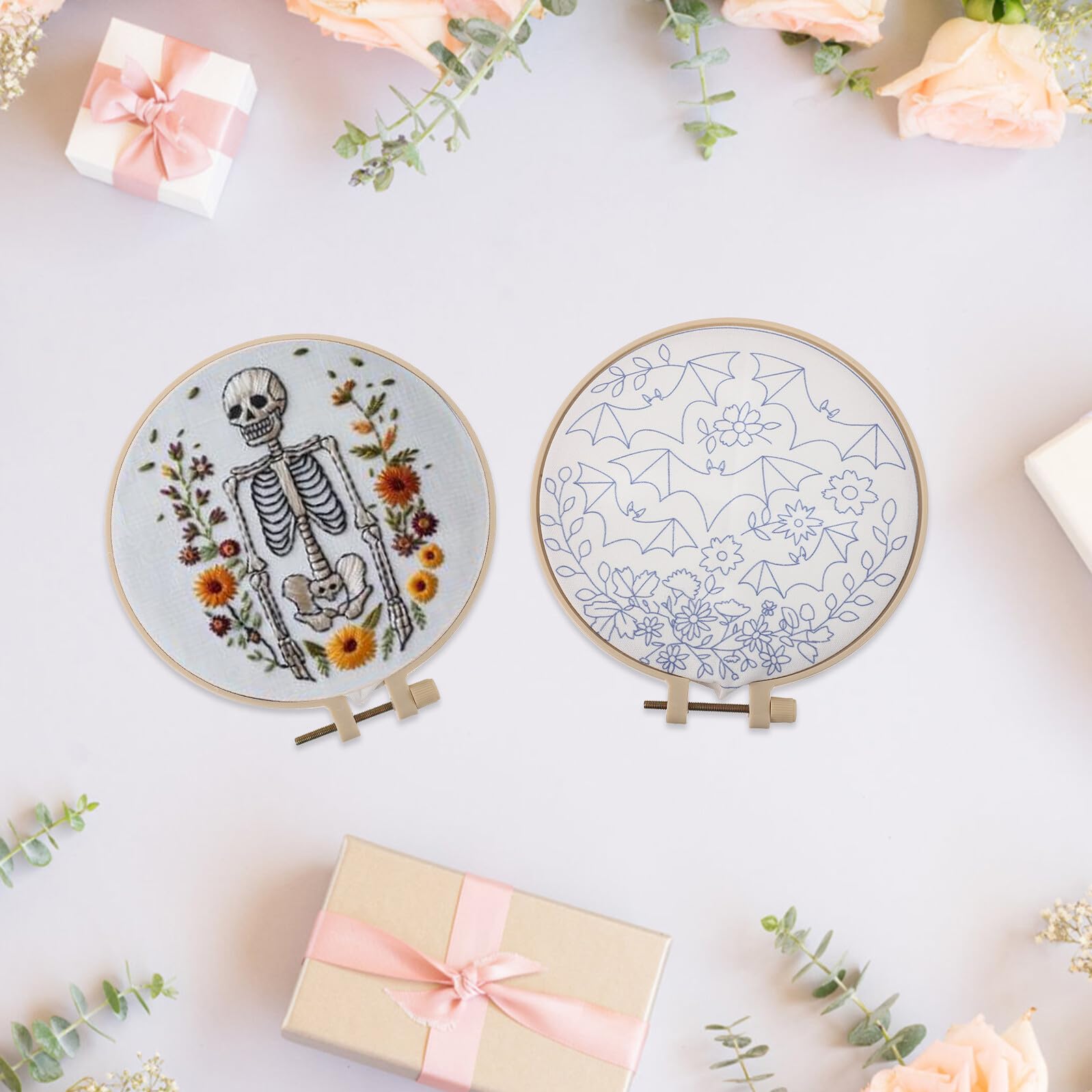 BCOATH Kit de Bordado de Halloween para Principiantes con 4 Patrones Temáticos Hilo Incluido Tela Estampada y Aguja Mágica Adecuado para Manualidades Creativas y Decoración Otoñal