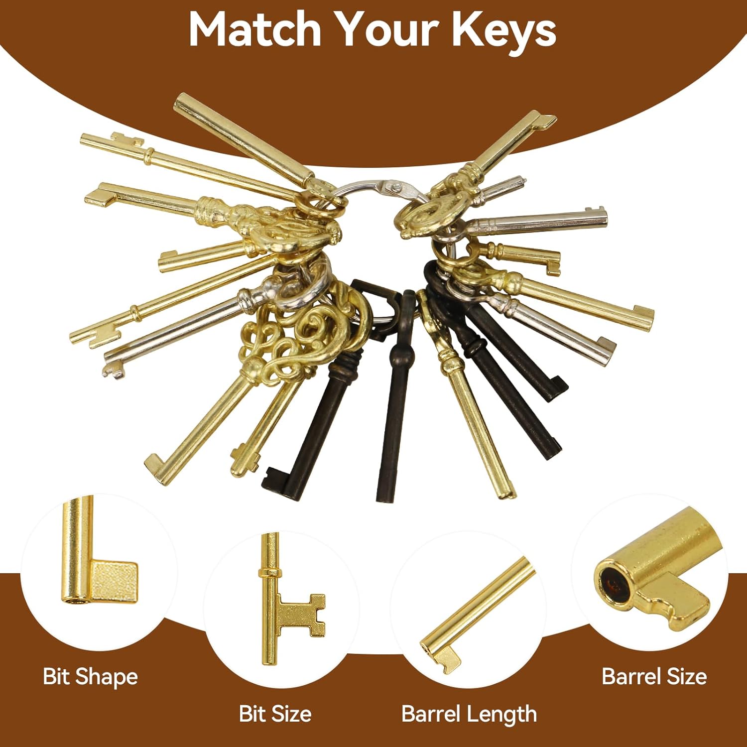 Universal Skeleton Keys Replacement, 19Pcs Most Popular Hollow Skeleton Key Set for Vintage Old Furniture, Antique Furniture, Cabinet Doors, Grandfather Clocks, Old Style Cabinets or Doors