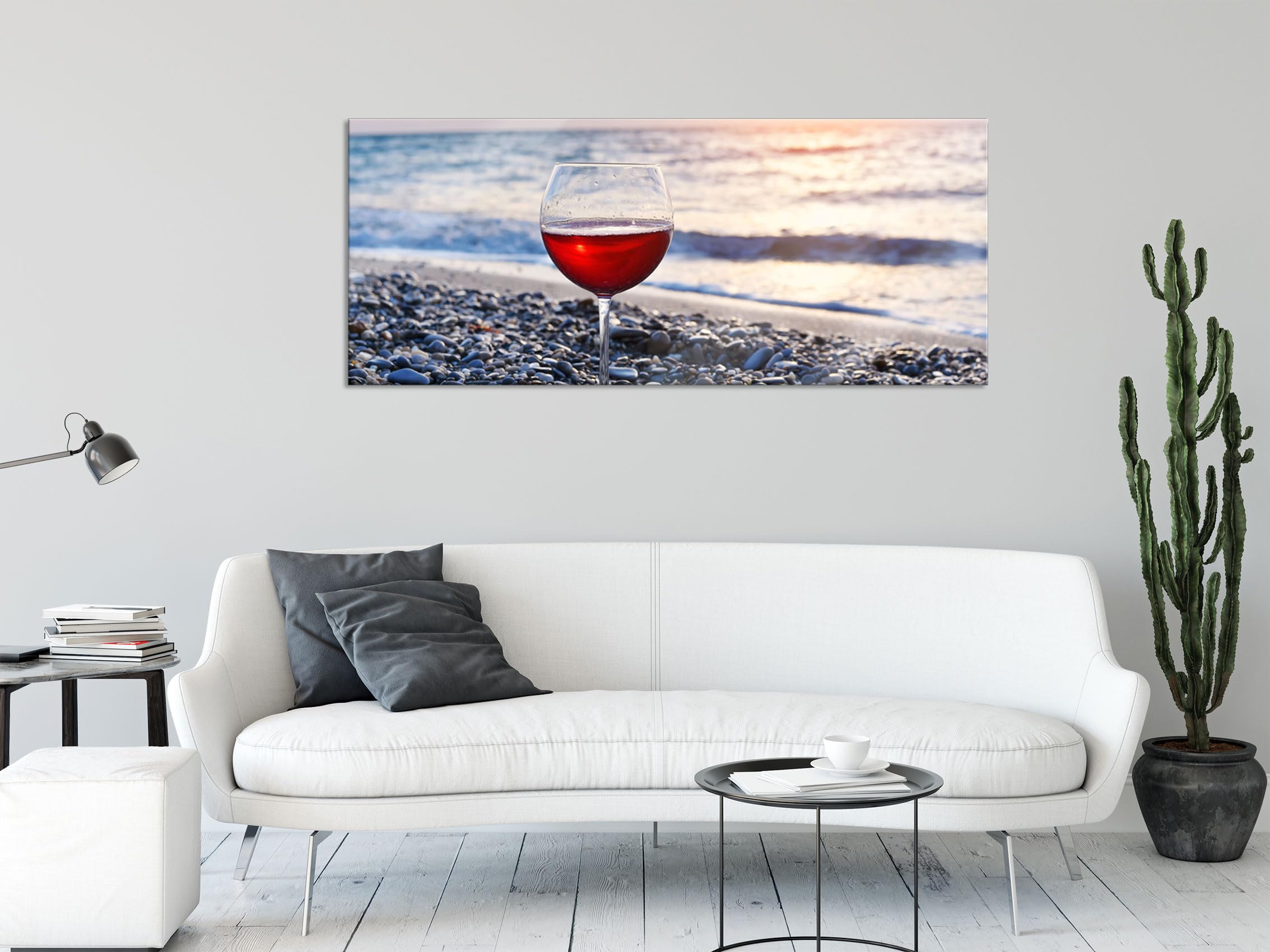 Pixxprint Glasbild Panorama, Wandbild aus Echtglas, Weinglas am Strand, 120x50 cm, inkl. Aufhängung und Abstandshalter