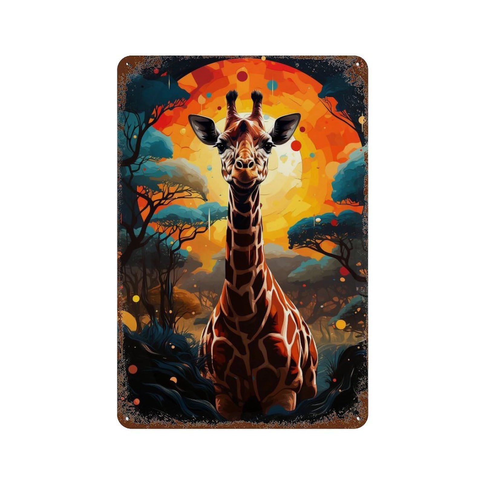 Giraffe Sunset Safari Rust Effect Tin Sign 11.8"x7.9", Industrial Home Decor for Basement, Hobby Room And Garage Decor