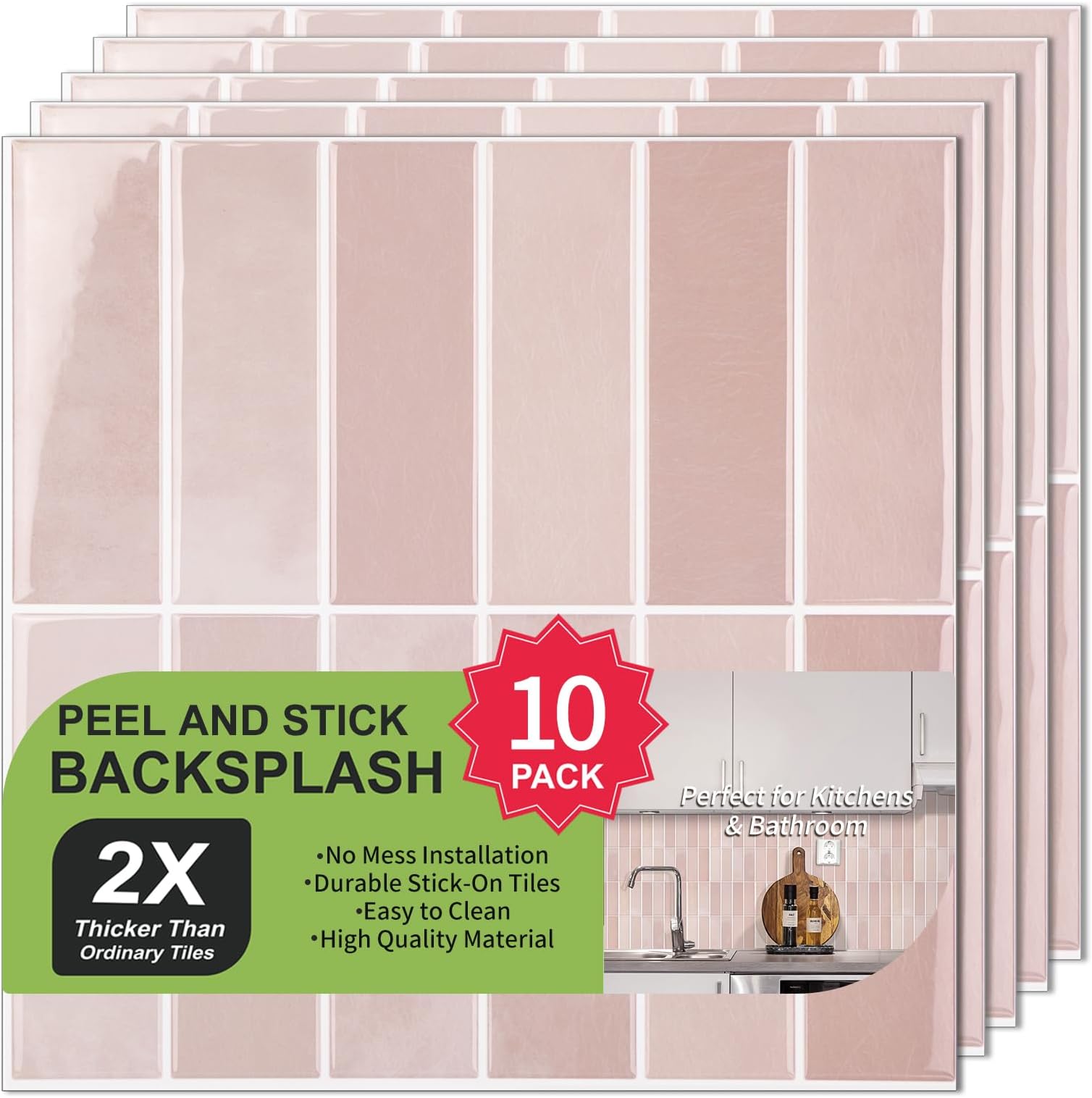 3D Stick on Tiles, Extra Thick Self Adhesive Wall Tiles, Vinyl Peel and Stick Wall Tile, Rectangle Subway Tile Sticker for Kitchen, Bathroom, Laundry, 10 Sheets of 30.5x30.5cm