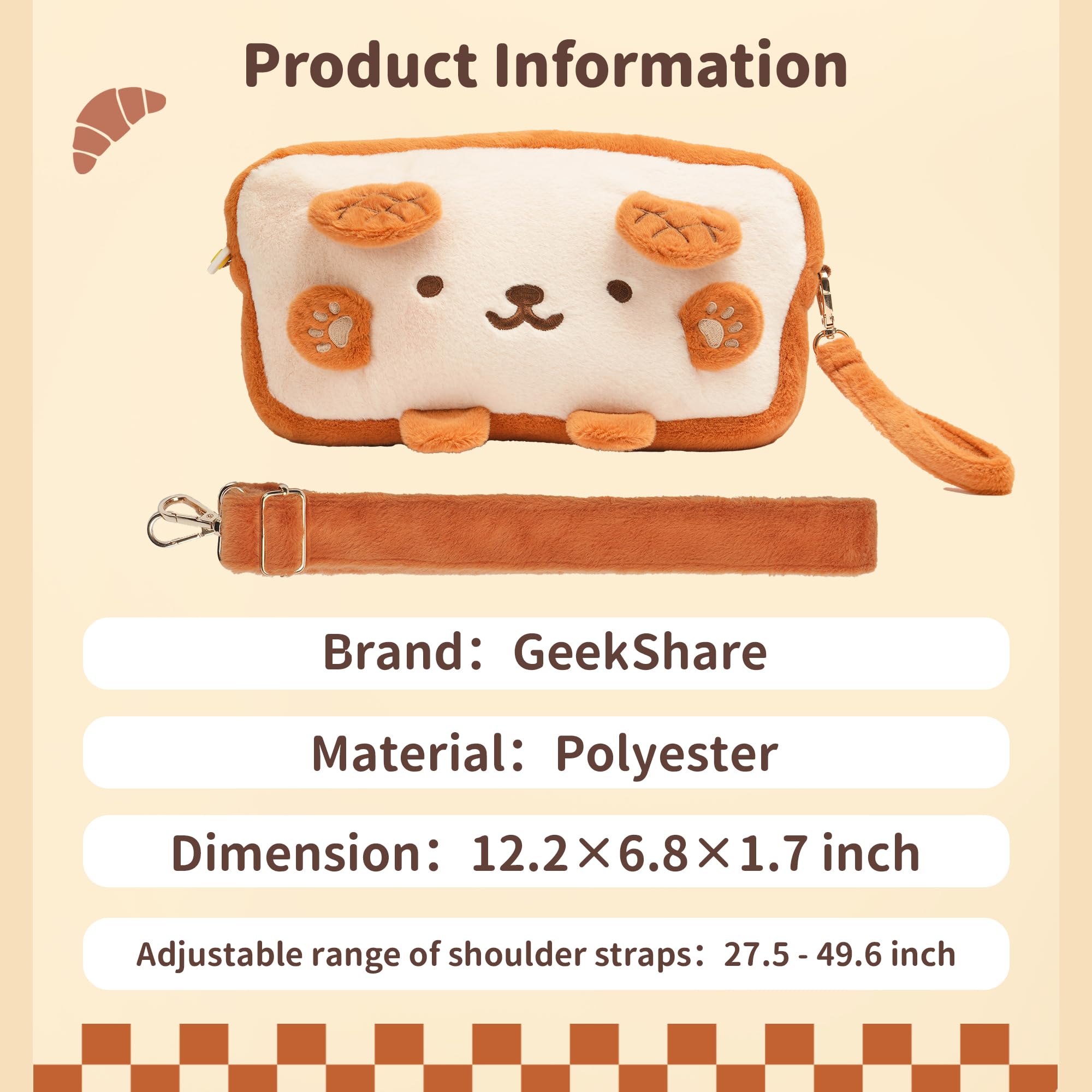 GeekShare Toast - Borsa in peluche compatibile con Switch/OLED, borsa da viaggio di grande capacità, con traccia, adatta per console Switch e accessori di gioco, Marrone, Carino