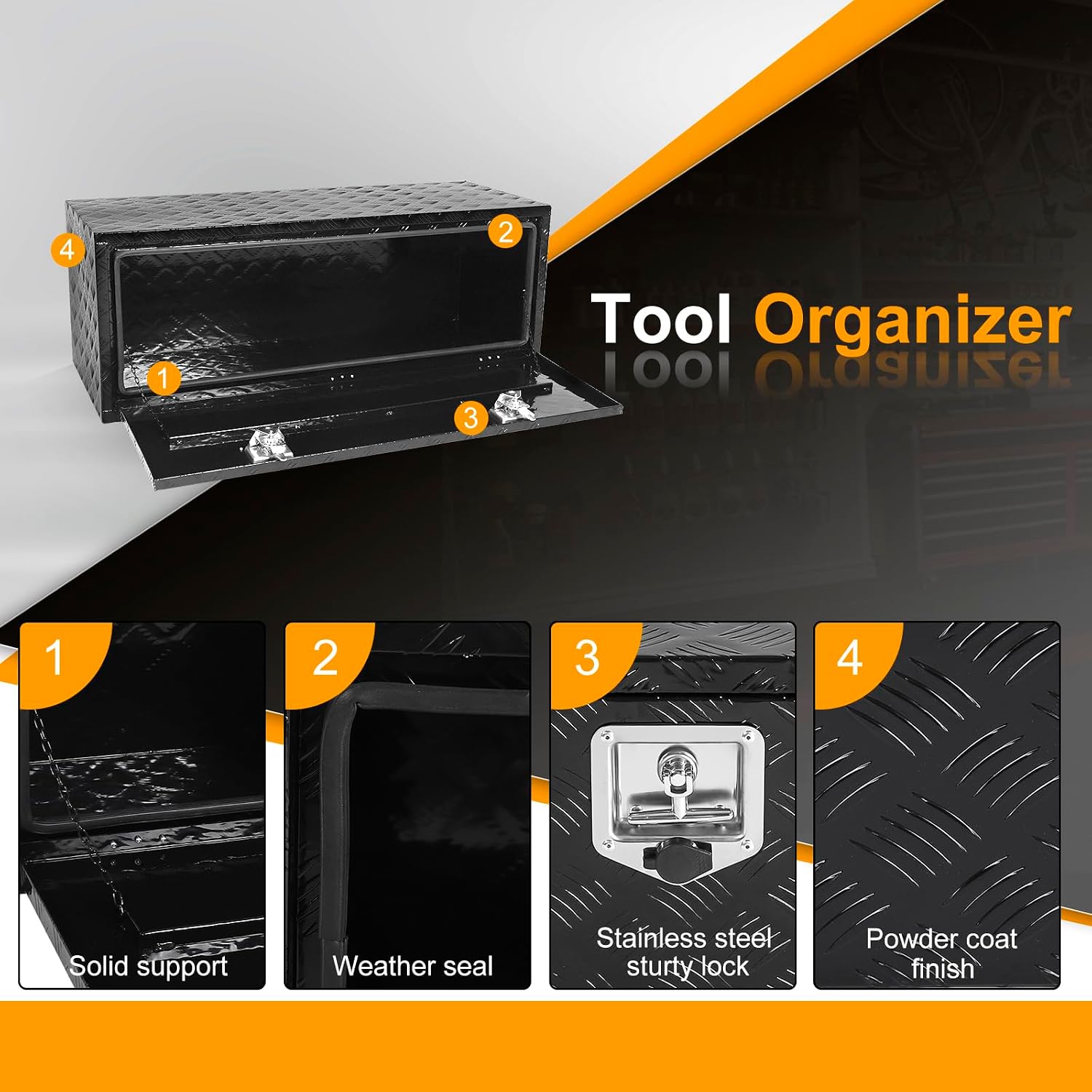 48 Inch Underbody Truck Tool Box Aluminum Storage Tool Box,48" x 18" x 18" Toolbox Organizer w/Lock and Keys For Pickup,Truck Bed, RV, Trailer,Heavy Duty Waterproof Black box
