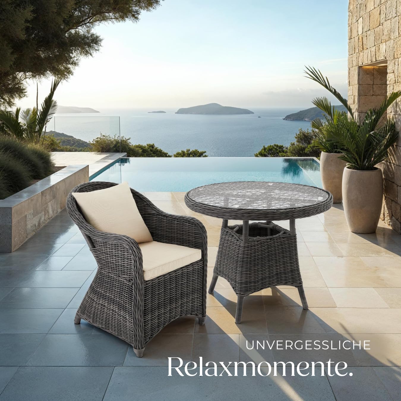 tectake 800817 Alu Gartentisch mit hochwertigem Polyrattan Geflecht, Tischplatte aus Sicherheitsglas, Outdoor Beistelltisch für Garten, Terrasse und Balkon, rund (Grau | Nr. 403680)