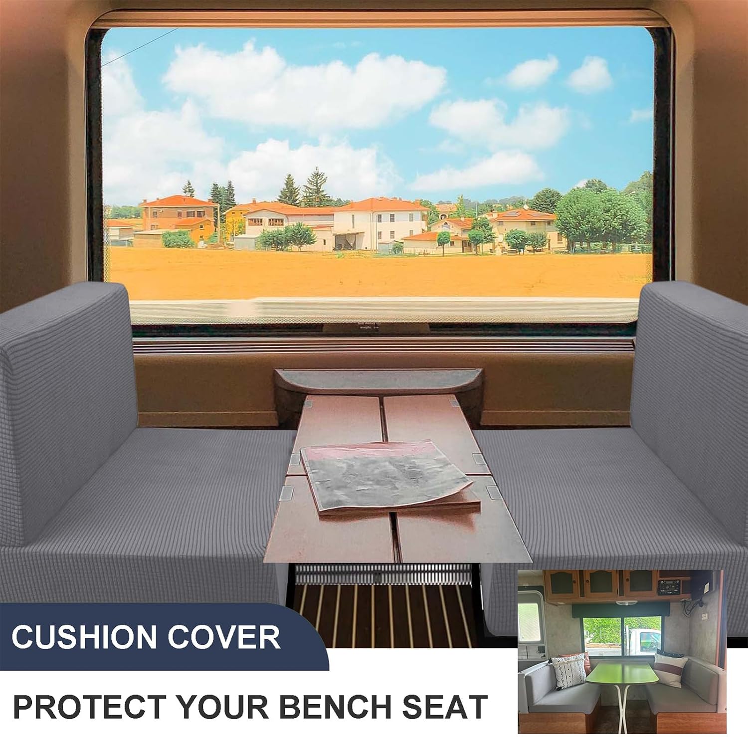Stretch Caravan Seat Covers Set, Waterproof & Non-Slip RV Cushion Covers, Camper Bench Protector for Motorhome & Travel Trailer (Light Gray,2 Pairs)
