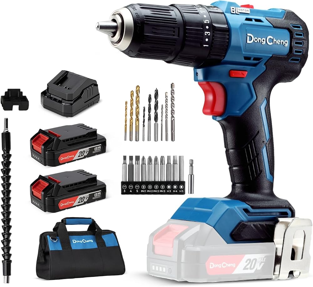 Dong Cheng 20V Brushless Heavy-duty Impact Drill, 443 in-lbs, 27000 IPM, 1/2" Keyless Metal Chuck, 20+1+1 Clutch, Cordless Hammer Drill with 2 Battery Kit for Drilling Brick Wall, Metal, Wood