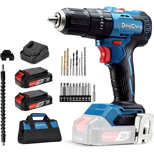 Dong Cheng 20V Brushless Heavy-duty Impact Drill, 443 in-lbs, 27000 IPM, 1/2" Keyless Metal Chuck, 20+1+1 Clutch, Cordless Hammer Drill with 2 Battery Kit for Drilling Brick Wall, Metal, Wood