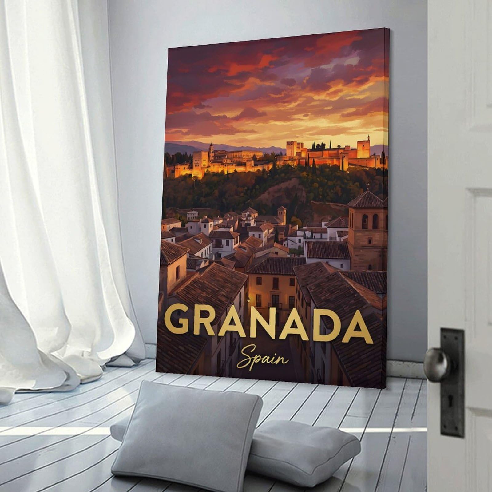 Junmoney Canvas Wall Decor Granada Spain Cityscape at Sunset, 24x36inch(60x90cm), for Restful Interiors, Bedrooms Or Small Rooms, Canvas Wall Decor for Personal Spaces