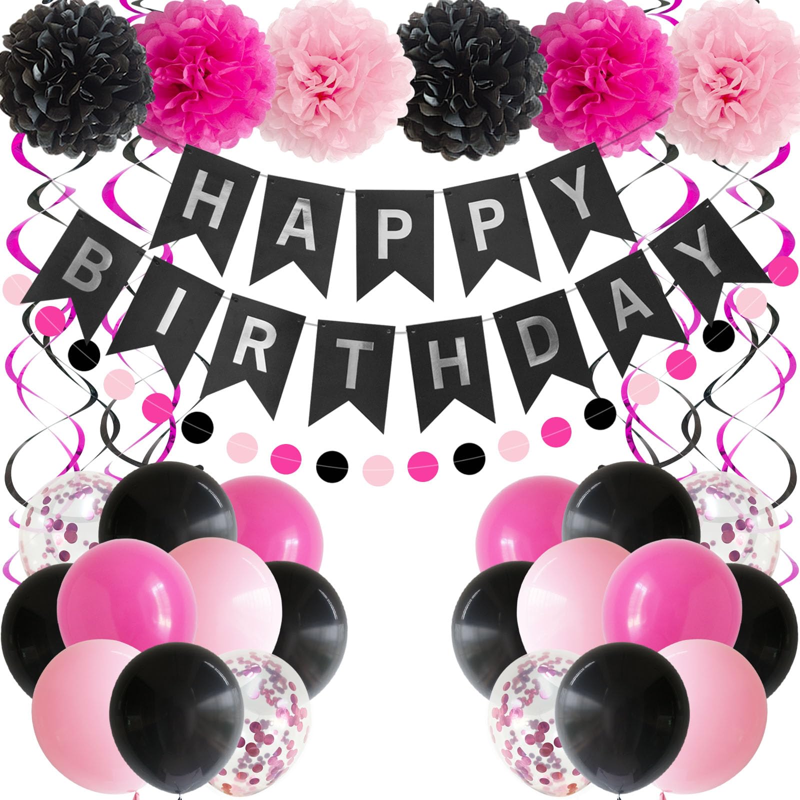 ANSOMO Pink and Black Happy Birthday Party Decorations for Girls Women Banner Hot Pink Balloons Pom Poms Swirls Décor Supplies 13th 16th 18th 20th 30th 40th 50th 60th 70th 80th