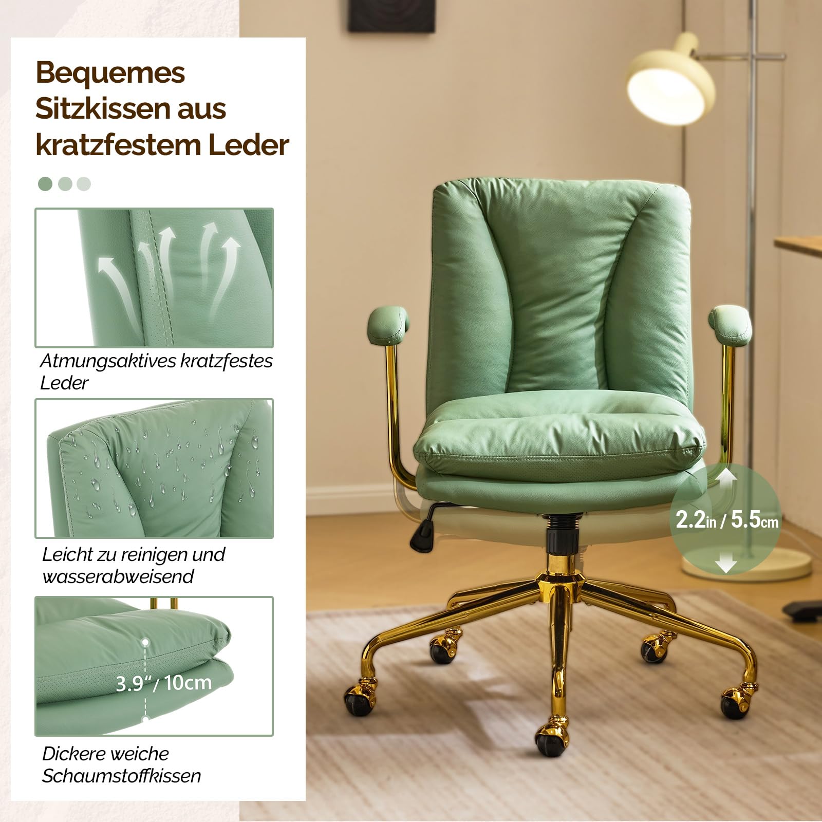 Bonnlo Bürostuhl Ergonomisch, Schreibtischstuhl mit Goldenen Armlehnen, Chefsessel, Drehstuhl mit Rollen, Höhenverstellbar & Kippfunktion, Homeoffice (Kratzfestes Leder, Grün)