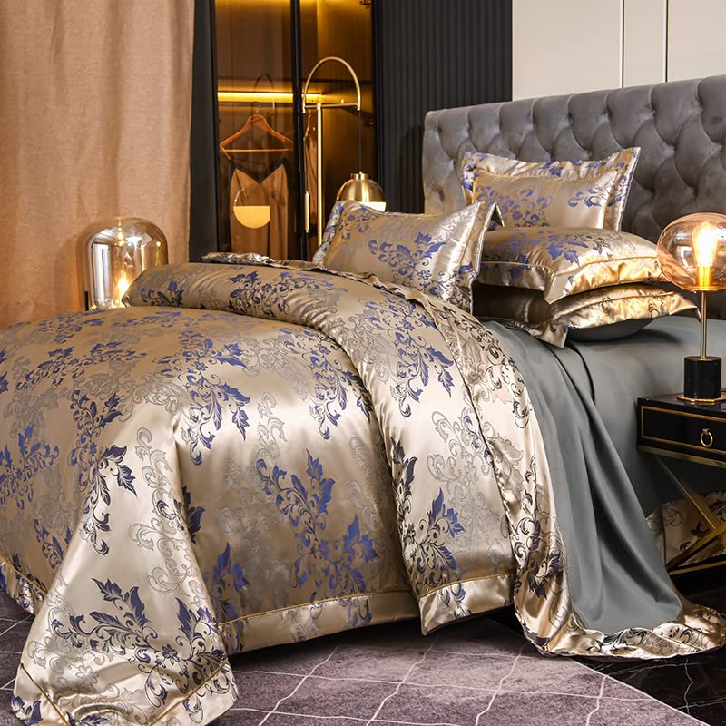 Tospass Bettwäsche 155x220 Satin 2Teilig Gold Blau Jacquard Stickerei...