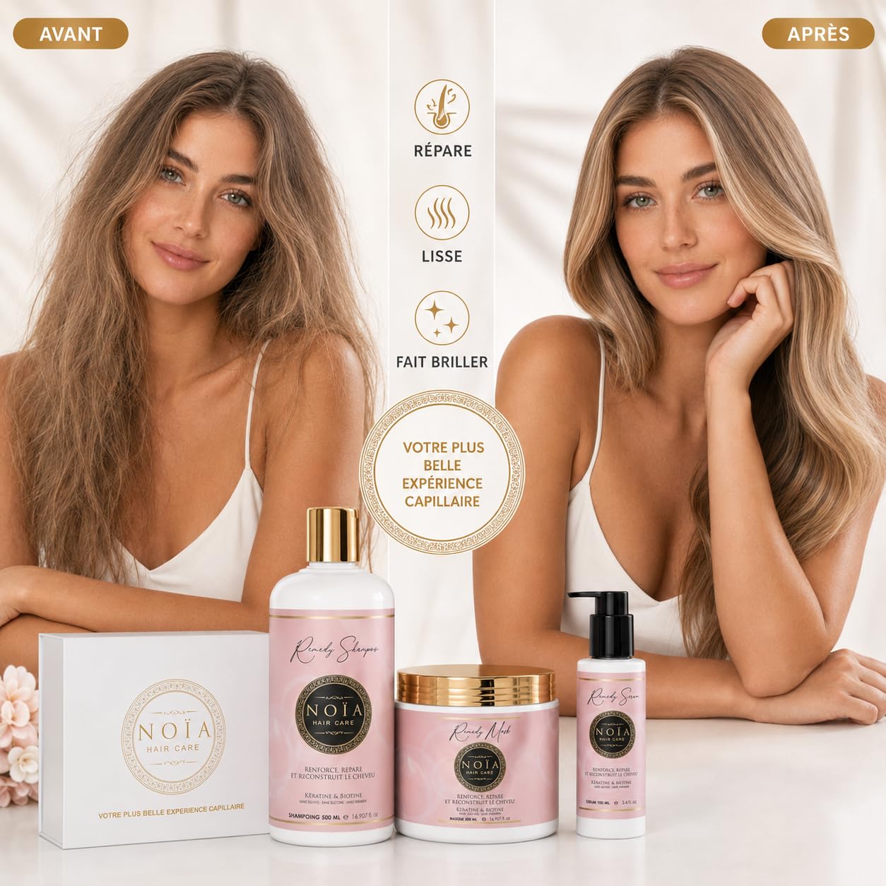 NOÏA HAIR – Coffret Prestige REMEDY – Shampoing 500 ml + Masque 500 ml + Sérum 100 ml – Kératine & Biotine – Réparation & Anti-Casse – Cheveux Abîmés & Fragilisés