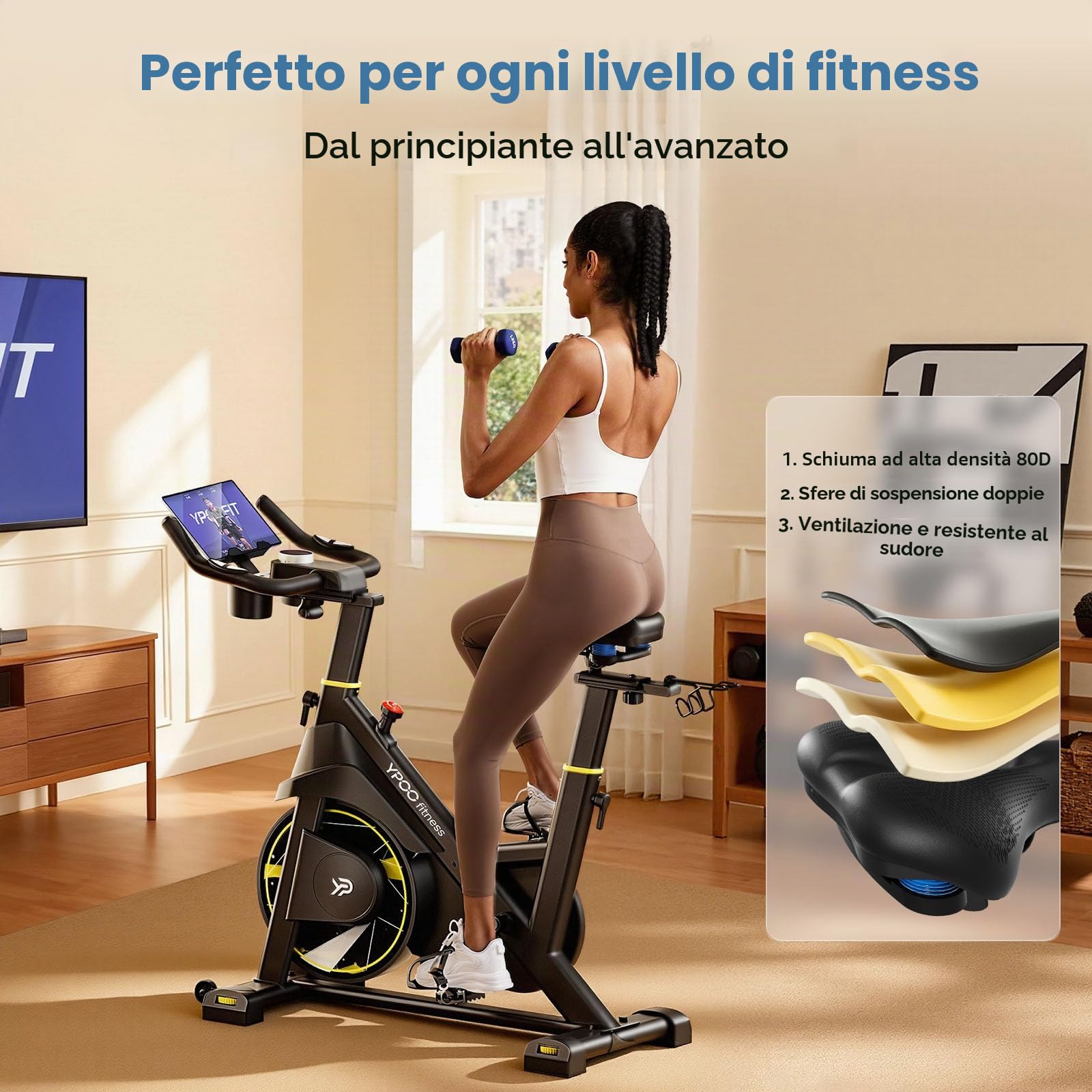 YPOO Cyclette da Casa, Resistenza Magnetica Regolabile, Sella Comoda | Resistenza Magnetica 0-100%, Sella e Manubrio Regolabili, Silenzioso, LCD & App – per Cardio a Casa